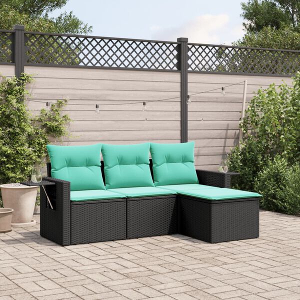 vidaXL 4-teiliges Gartensofa-Set mit Kissen, schwarzes Polyrattan