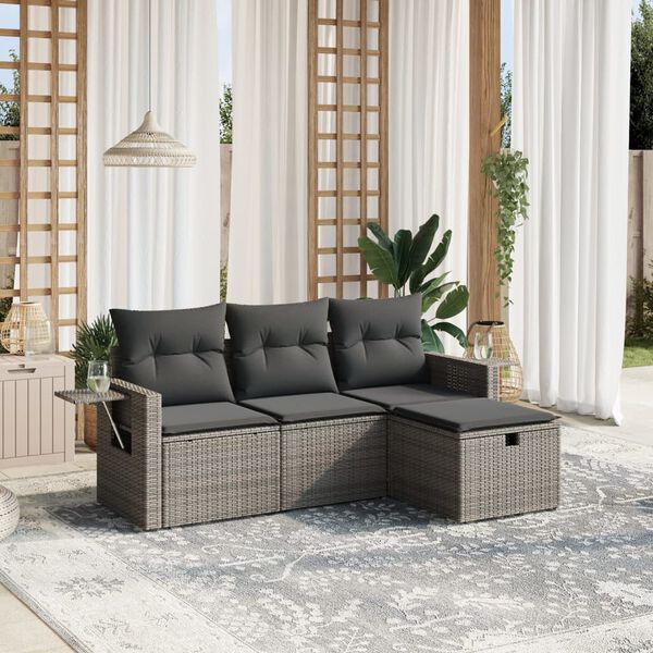 vidaXL 4-tlg. Garten-Sofagarnitur mit Kissen Grau Poly Rattan