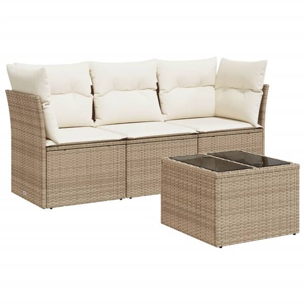 vidaXL 4-tlg. Garten-Sofagarnitur mit Kissen Beige Poly Rattan