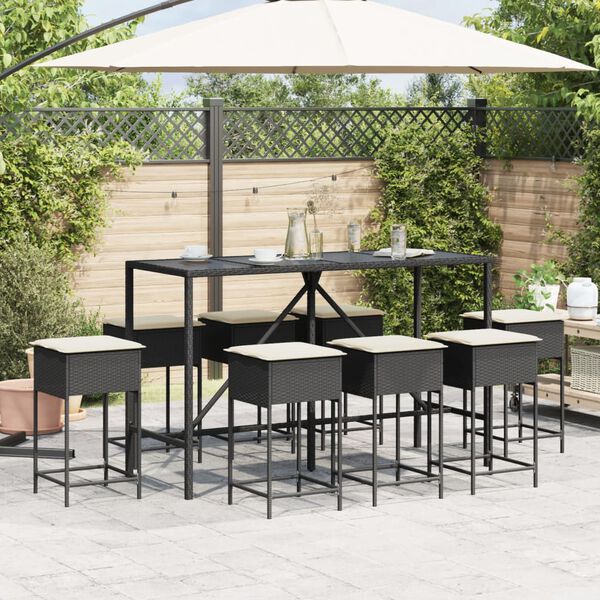 vidaXL 9-tlg. Gartenbar-Set mit Kissen Schwarz Poly Rattan