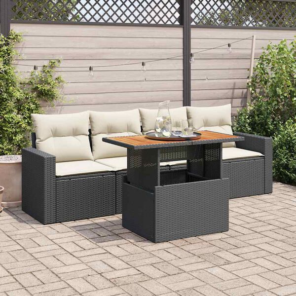 vidaXL 5-tlg. Garten-Sofagarnitur mit Kissen Schwarz Poly Rattan