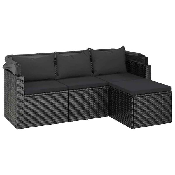 vidaXL 3-Sitzer-Gartensofa mit Dach und Fu&szlig;hocker Schwarz Poly Rattan