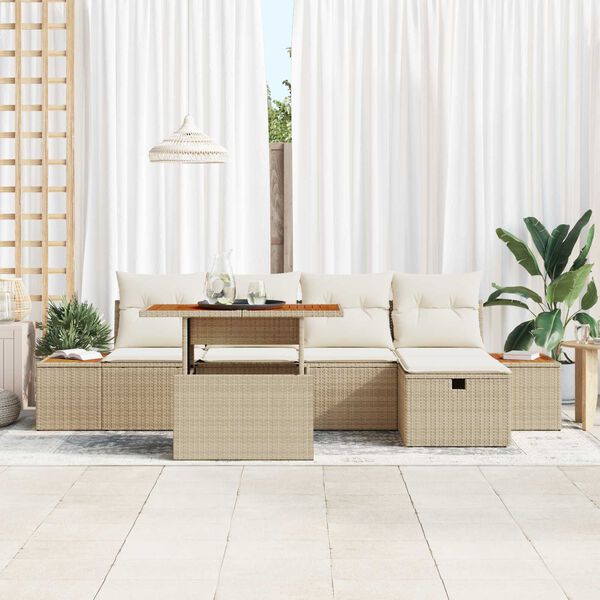vidaXL Garten-Sofa-Set mit Kissen mit Speicher 6 pcs Beige Poly Rattan