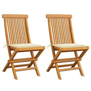 vidaXL Klappst&uuml;hle mit cremefarbenen Kissen, 2 St&uuml;ck, Massivholz Teakholz