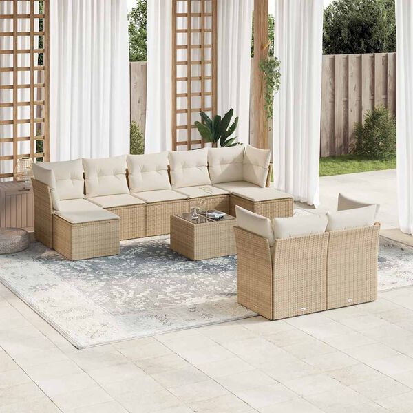 vidaXL 10-tlg. Garten-Sofagarnitur mit Kissen Beige Poly Rattan