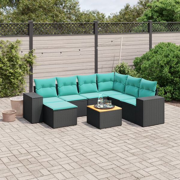 vidaXL 8-teiliges Gartensofa-Set mit Kissen, schwarzes Polyrattan
