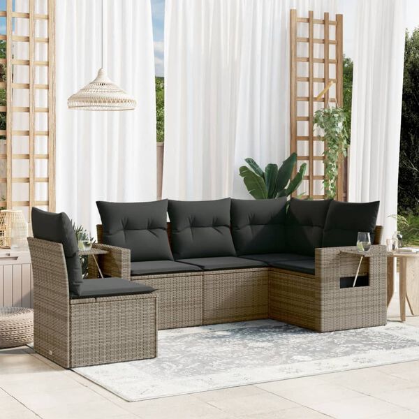 vidaXL 5-tlg. Garten-Sofagarnitur mit Kissen Grau Poly Rattan