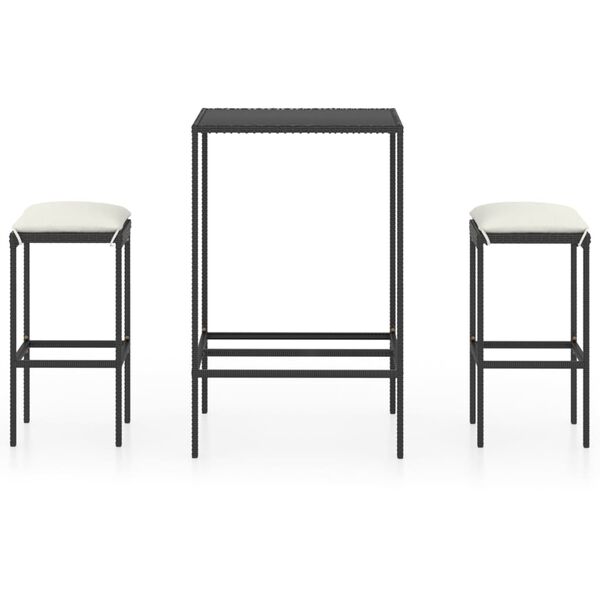 vidaXL 3-tlg. Gartenbar-Set mit Kissen Poly Rattan Schwarz