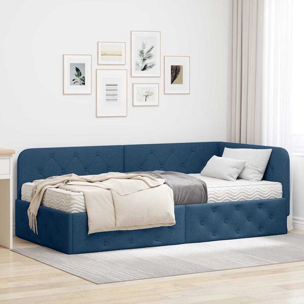 vidaXL Eckbettgestell mit Matratze mit Kopfteil Blau 90 x 200 cm Stoff