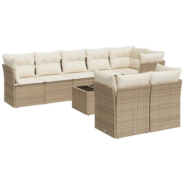 vidaXL 9-tlg. Garten-Sofagarnitur mit Kissen Beige Poly Rattan