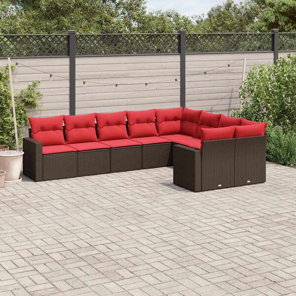 vidaXL 9-tlg. Garten-Sofagarnitur mit Kissen Braun Poly Rattan