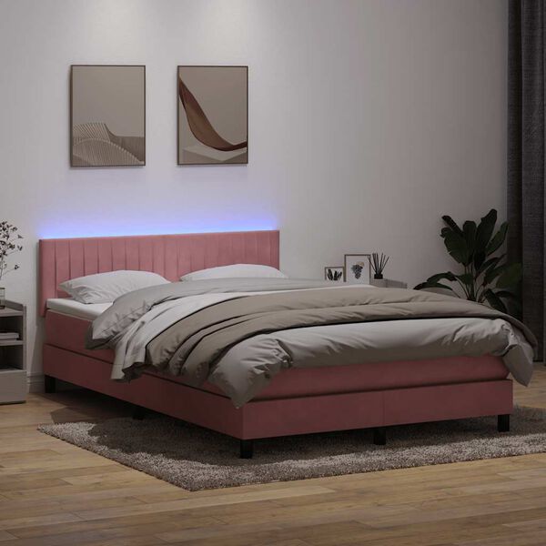 vidaXL Boxspringbett mit Matratze & LED Rosa 140x220 cm Samt