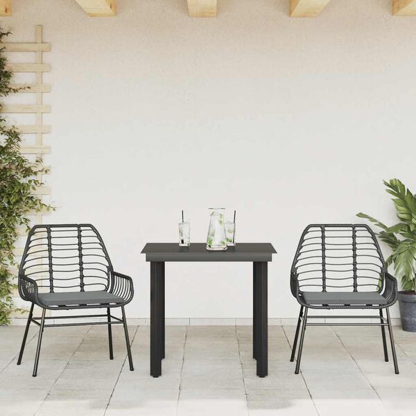 vidaXL 3-tlg. Garten-Essgruppe mit Kissen Schwarz Poly Rattan Glas