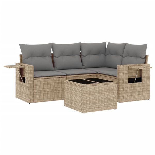 vidaXL 5-tlg. Garten-Sofagarnitur mit Kissen Beige Poly Rattan