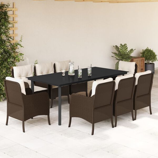 vidaXL 9-tlg. Garten-Essgruppe mit Kissen Braun Poly Rattan