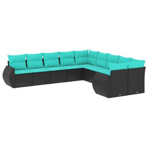 vidaXL 10-teiliges Gartensofa-Set mit Kissen, schwarzes Polyrattan