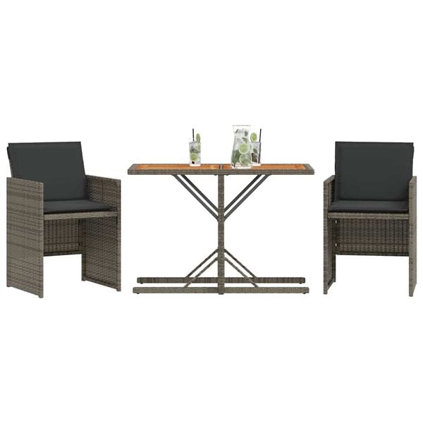 vidaXL 3-tlg. Bistro-Set mit Kissen Grau Poly Rattan