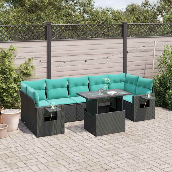 vidaXL 8-teiliges Gartensofa-Set mit Kissen, schwarzes Polyrattan