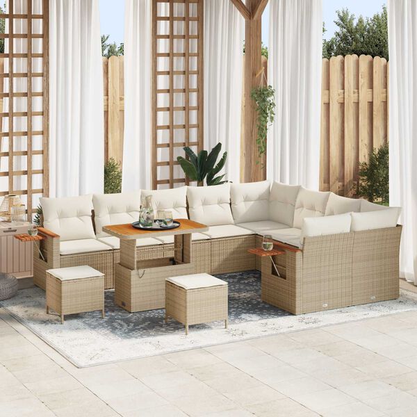 vidaXL Garten-Sofa-Set mit Kissen mit Speicher Beige Poly Rattan