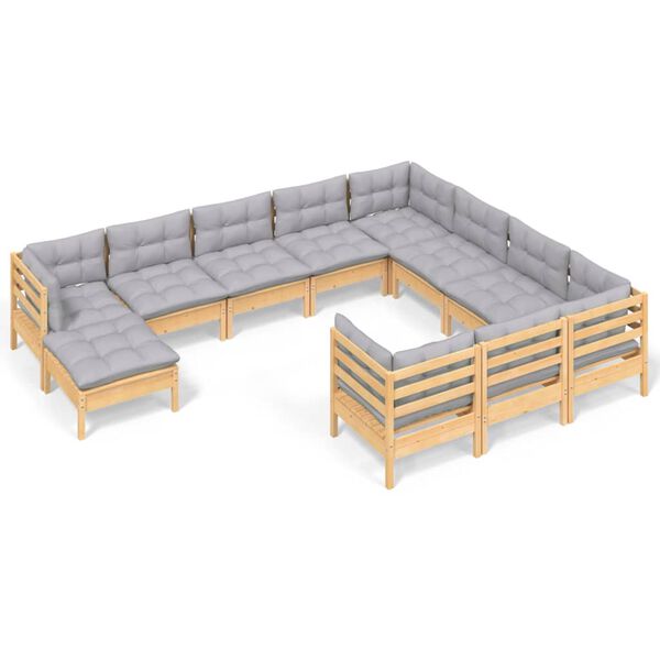 vidaXL 11-tlg. Garten-Lounge-Set mit Grauen Kissen Kiefernholz