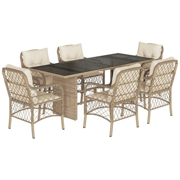 vidaXL 7-tlg. Garten-Essgruppe mit Kissen Beige Poly Rattan