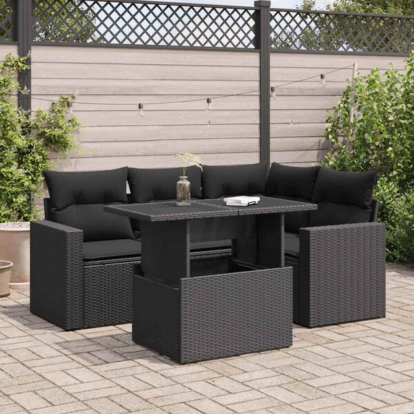 vidaXL 5-tlg. Garten-Sofagarnitur mit Kissen Schwarz Poly Rattan