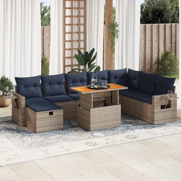 vidaXL 9-tlg. Garten-Sofagarnitur mit Kissen Grau Poly Rattan Akazie
