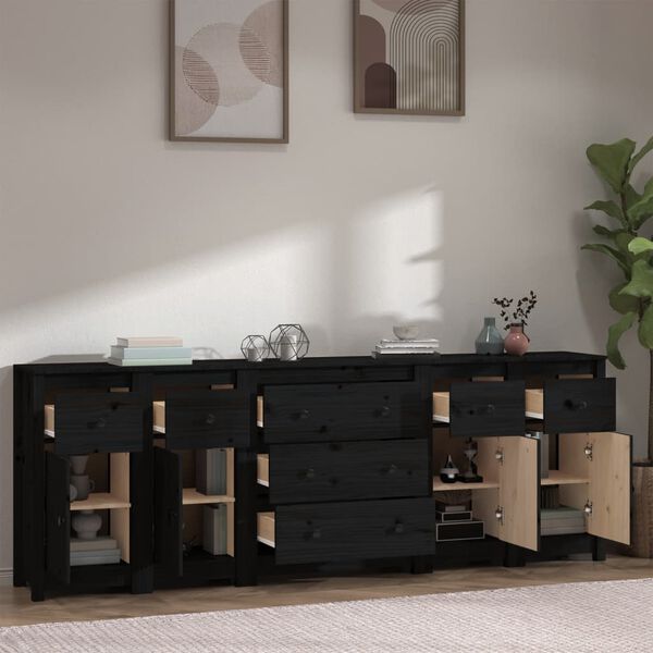 vidaXL Sideboard Schwarz 230x35x80 cm Massivholz Kiefer
