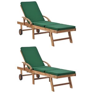 vidaXL Sonnenliegen mit Auflagen 2 Stk. Massivholz Teak Gr&uuml;n