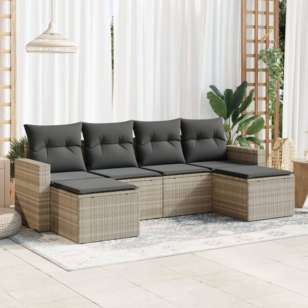 vidaXL 6-tlg. Garten-Sofagarnitur mit Kissen Hellgrau Poly Rattan