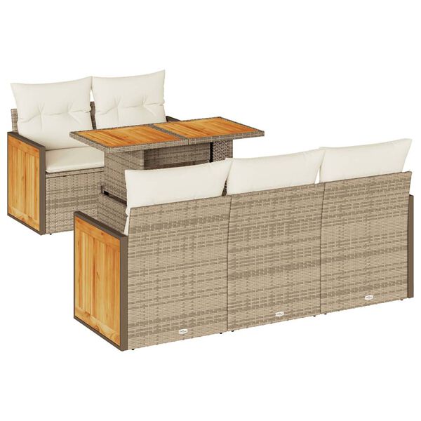 vidaXL 6-tlg. Garten-Sofagarnitur mit Kissen Beige Poly Rattan Akazie