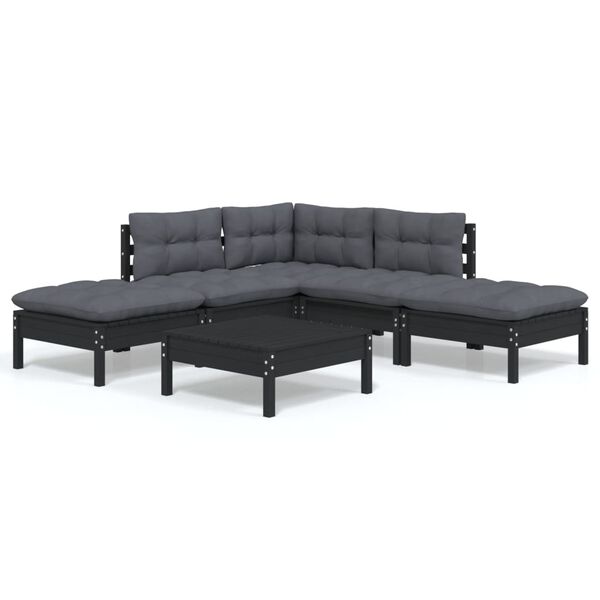 vidaXL 6-tlg. Garten-Lounge-Set mit Kissen Schwarz Kiefernholz
