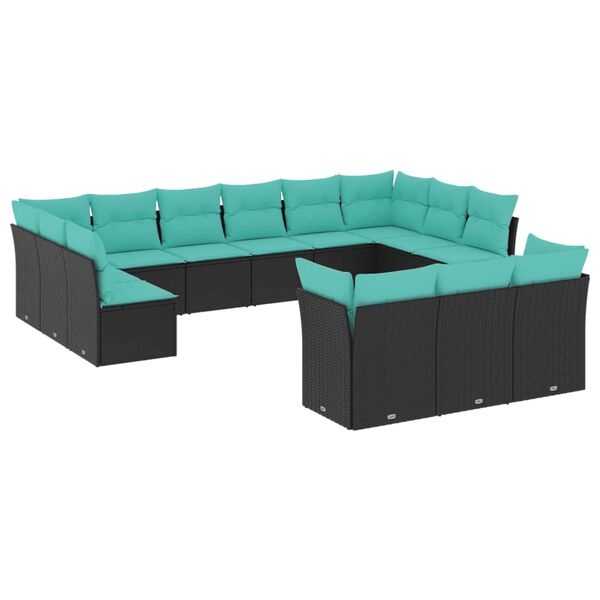 vidaXL 13-teiliges Gartensofa-Set mit Kissen, schwarzes Polyrattan