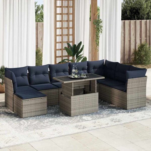 vidaXL 9-tlg. Garten-Sofagarnitur mit Kissen Grau Poly Rattan Akazie