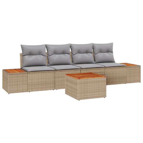vidaXL Garten-Sofa-Set mit Kissen mit Speicher 5 pcs Beige Poly Rattan