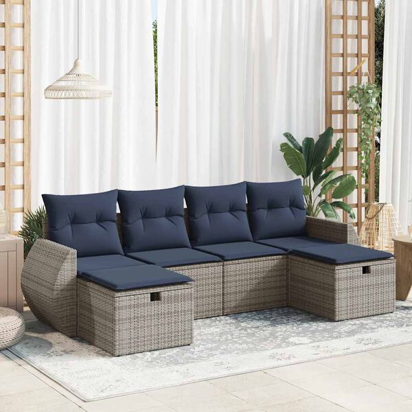 vidaXL 6-tlg. Garten-Sofagarnitur mit Kissen Grau Poly Rattan