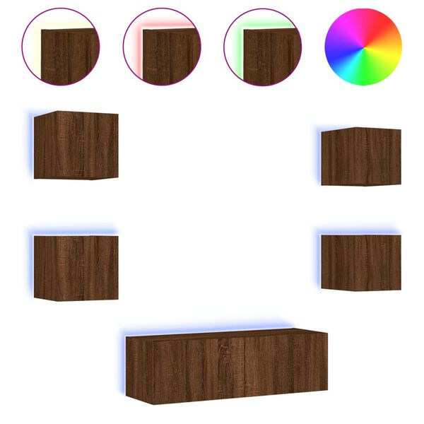 vidaXL 5-tlg. TV-Wohnwand mit LED-Leuchten Braun Eichen-Optik