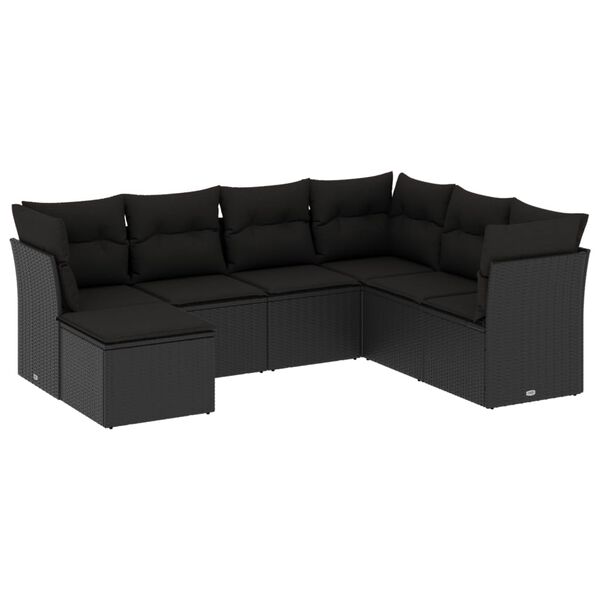 vidaXL 7-tlg. Garten-Sofagarnitur mit Kissen Schwarz Poly Rattan