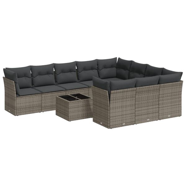 vidaXL 11-tlg. Garten-Sofagarnitur mit Kissen Grau Poly Rattan