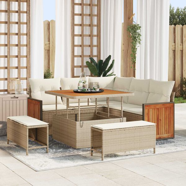 vidaXL Gartensofa-set mit Kissen 9 pcs Beige und Creme Poly-Rattan