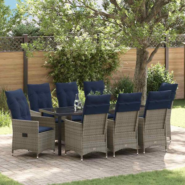 vidaXL Tisch- und Stuhlset mit Kissen 9 pcs Grau PE-Rattan