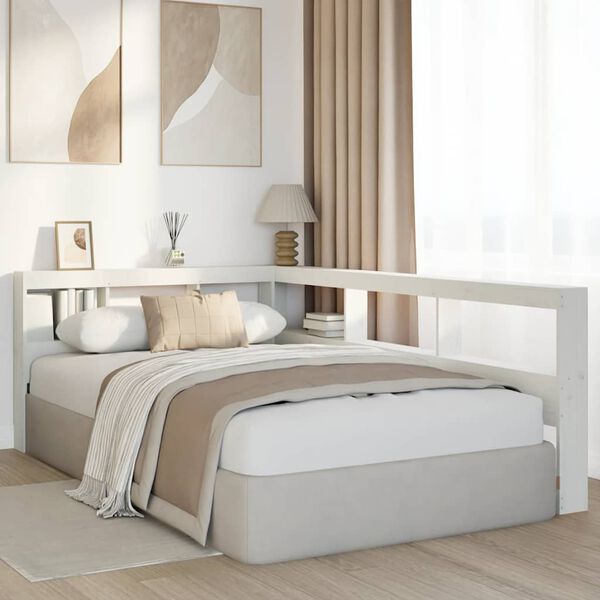 vidaXL Kopfteil mit B&uuml;cherregal L-Form Wei&szlig; 120 cm Massivholz Kiefer