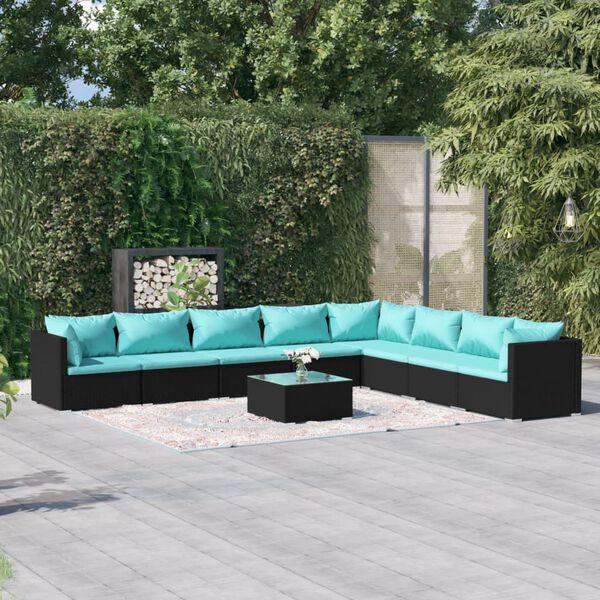 vidaXL 9-tlg. Garten-Lounge-Set mit Kissen Poly Rattan Schwarz