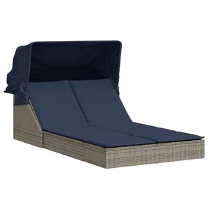 vidaXL Doppelte Sonnenliege mit Baldachin und Kissen, grau, Polyrattan