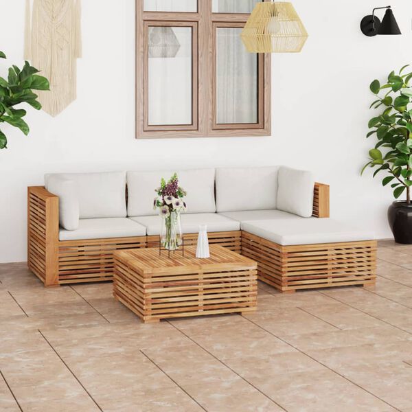 vidaXL 5-tlg. Garten-Lounge-Set mit Kissen Creme Massivholz Teak