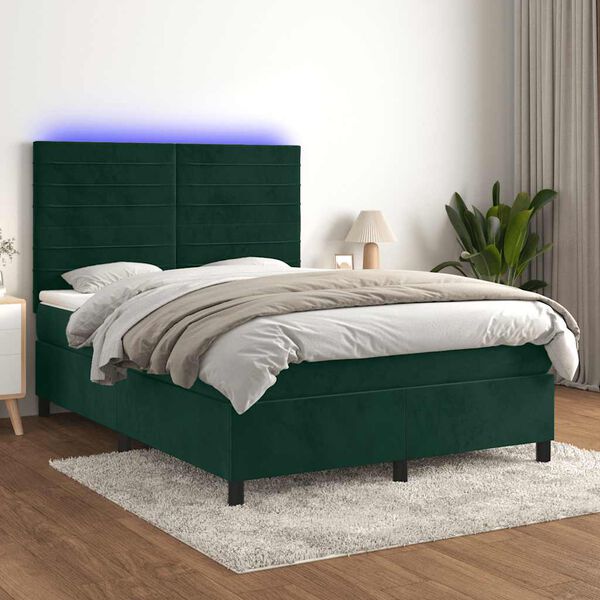 vidaXL Boxspringbett mit Matratze & LED Dunkelgr&uuml;n 140x200 cm Samt