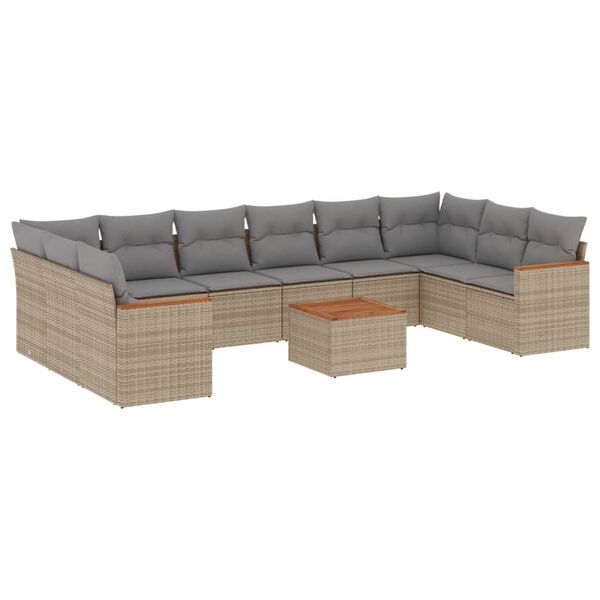 vidaXL 11-tlg. Garten-Sofagarnitur mit Kissen Beige Poly Rattan