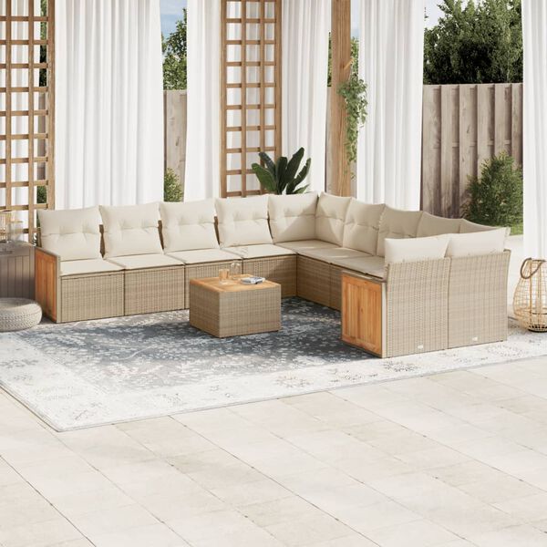 vidaXL 11-tlg. Garten-Sofagarnitur mit Kissen Beige Poly Rattan