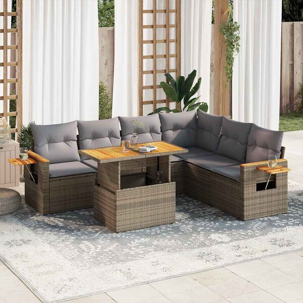 vidaXL 7-tlg. Garten-Sofagarnitur mit Kissen Beige Poly Rattan Akazie