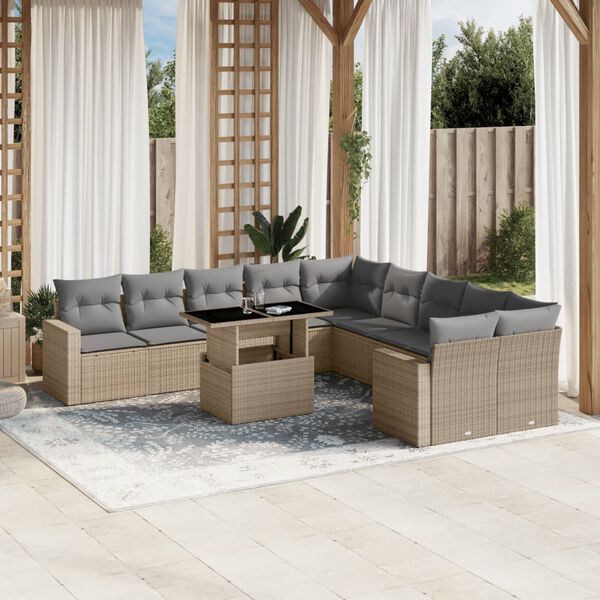 vidaXL 11-tlg. Garten-Sofagarnitur mit Kissen Beige Poly Rattan